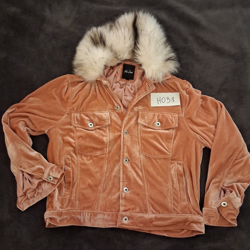 VTG Me Jane Velvet Faux Fur Jacket Womens Peach M Hooded Trucker Button Cozy Y2K